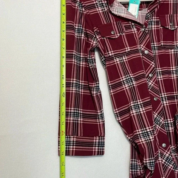 Market & Spruce Perrina Button Down Knit Top 3/4 Burgundy Plaid Women Size Small - Picture 11 of 11